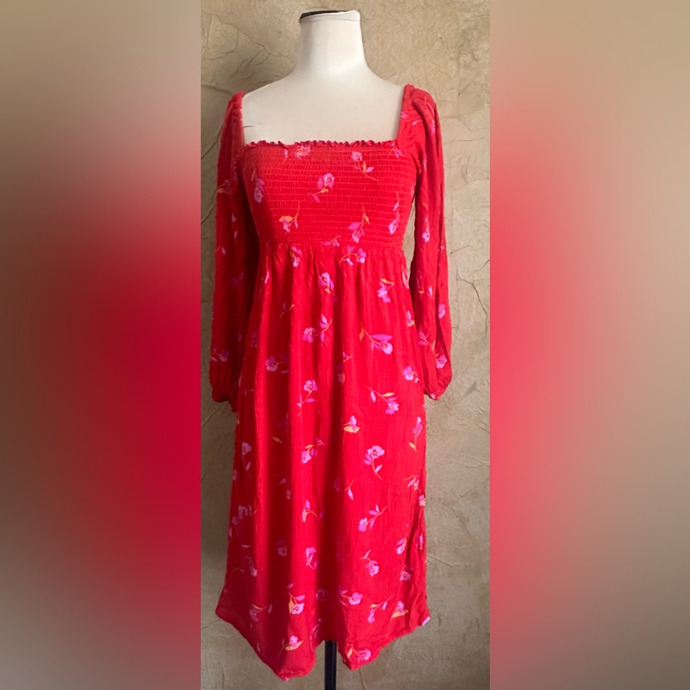 Billabong Red Floral Long Sleeve Smocked Dress
